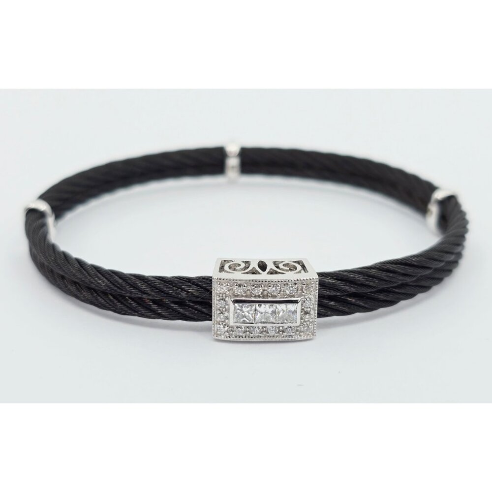 Philippe Charriol 18k Solid White Gold Black Cable Diamond Bracelet 6.75" Length